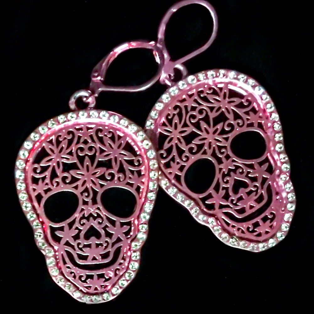 Betsey Johnson Pink Filigree Pave Skull Earrings